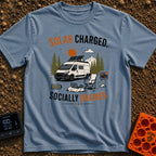 Solar Charged Socially Done - T-Shirt in Blue Jean - A white camper van with a tilted roof solar panel is parked near...