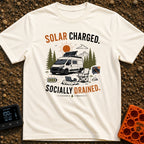 Solar Charged Socially Done - T-Shirt in Ivory - A white camper van with a tilted roof solar panel is parked near pine...