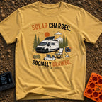Solar Charged Socially Done - T-Shirt in Mustard - A white camper van with a tilted roof solar panel is parked near pine...