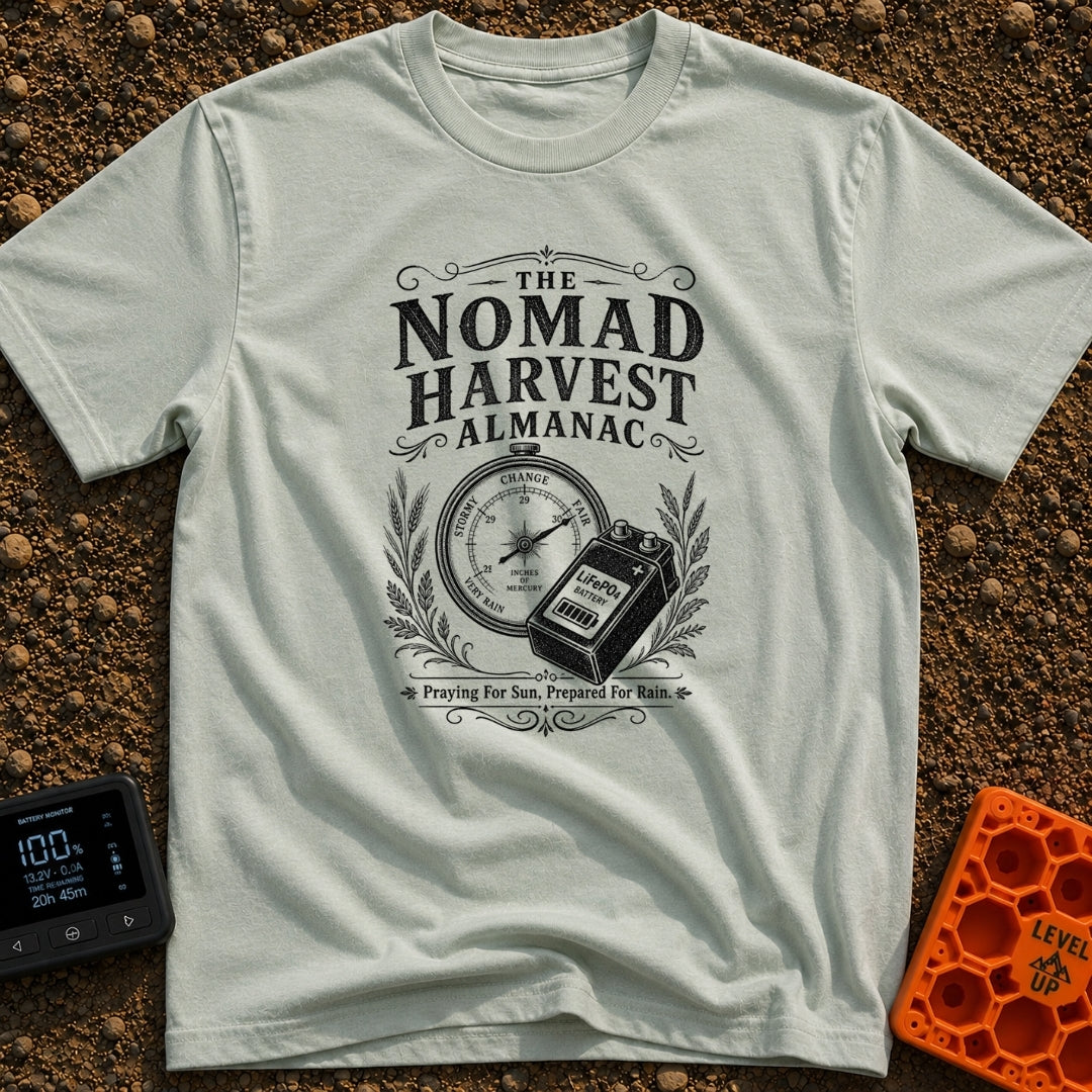 Solar Farmers Almanac - T-Shirt in Bay - A black-and-white vintage-style illustration showing a round weather barometer...