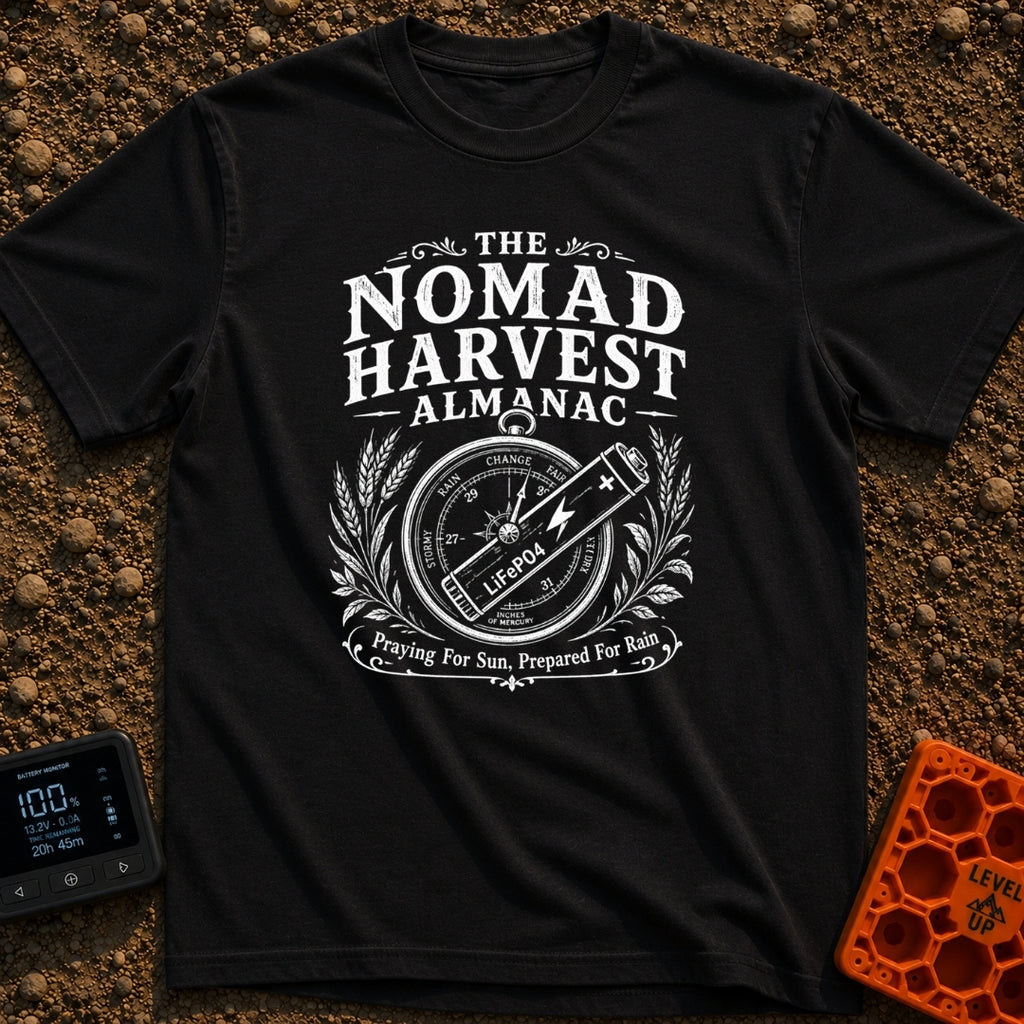 Solar Farmers Almanac - T-Shirt in Black - A black-and-white vintage-style illustration showing a round weather barometer...