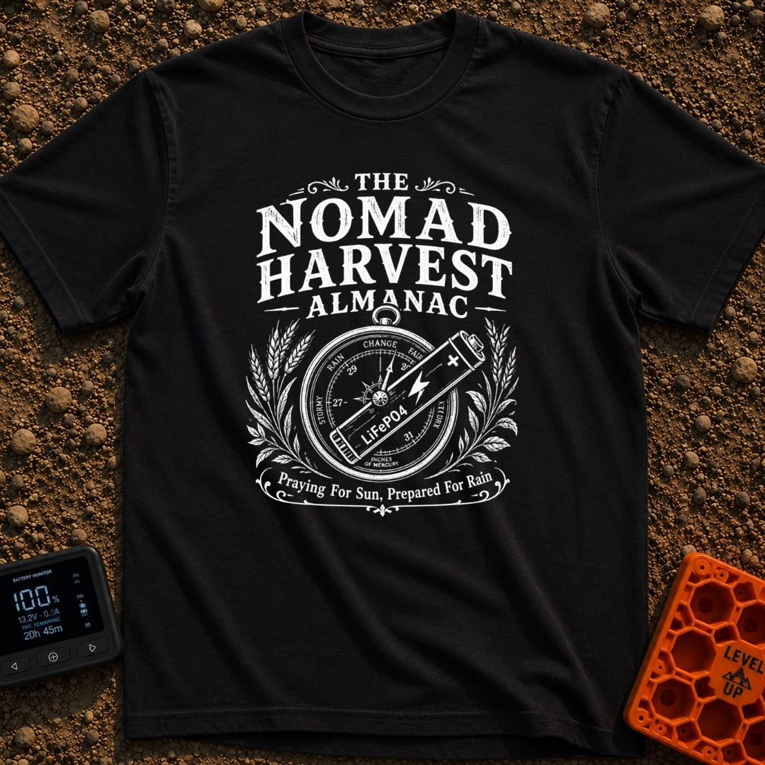 Solar Farmers Almanac - T-Shirt in Black - A black-and-white vintage-style illustration showing a round weather barometer...