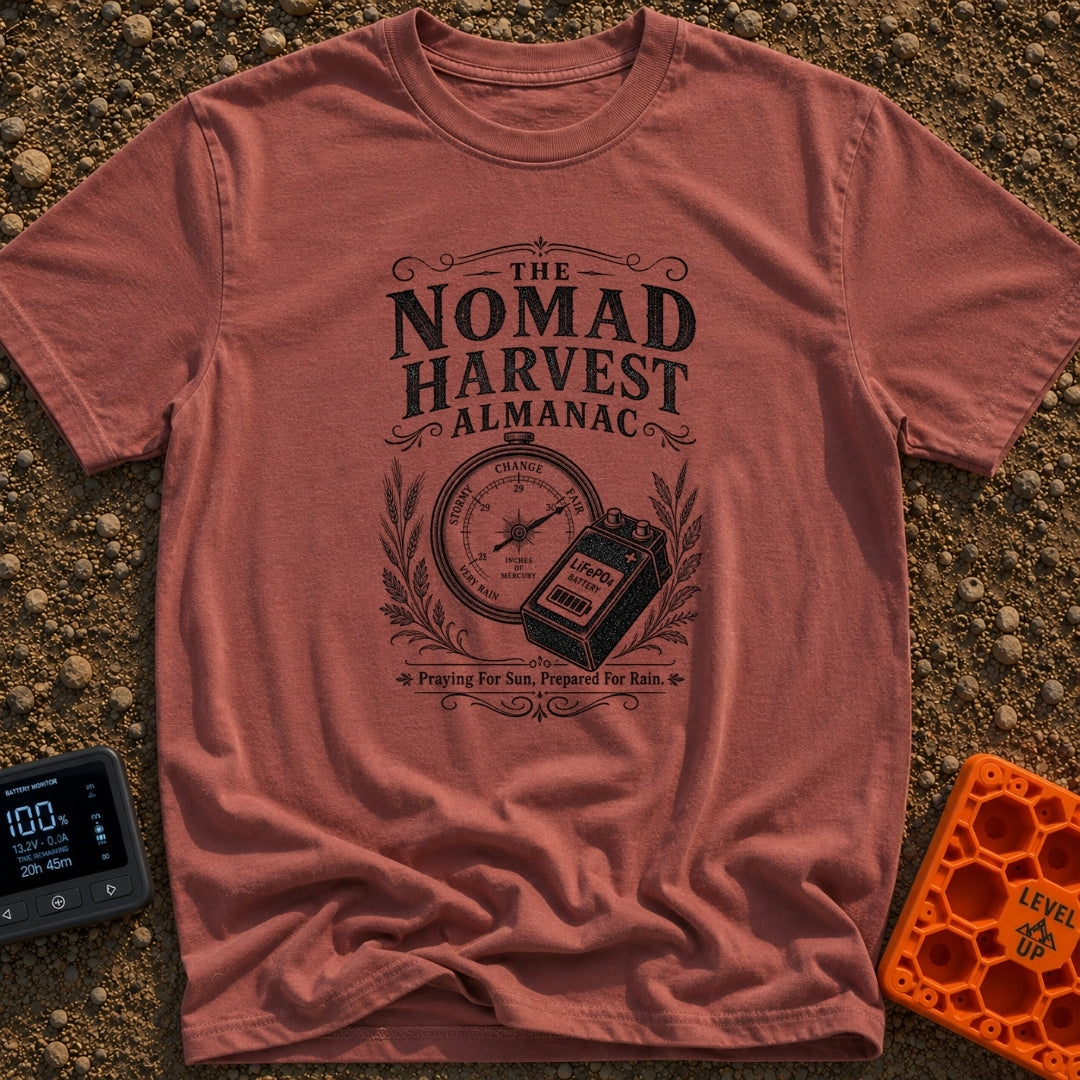 Solar Farmers Almanac - T-Shirt in Brick - A black-and-white vintage-style illustration showing a round weather barometer...