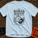 Solar Farmers Almanac - T-Shirt in Chambray - A black-and-white vintage-style illustration showing a round weather...