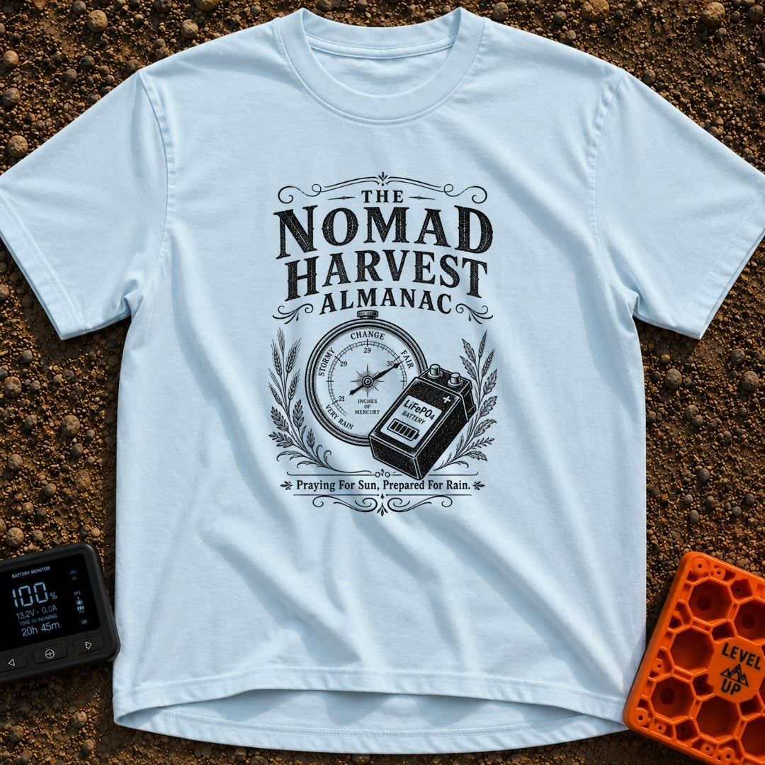 Solar Farmers Almanac - T-Shirt in Chambray - A black-and-white vintage-style illustration showing a round weather...