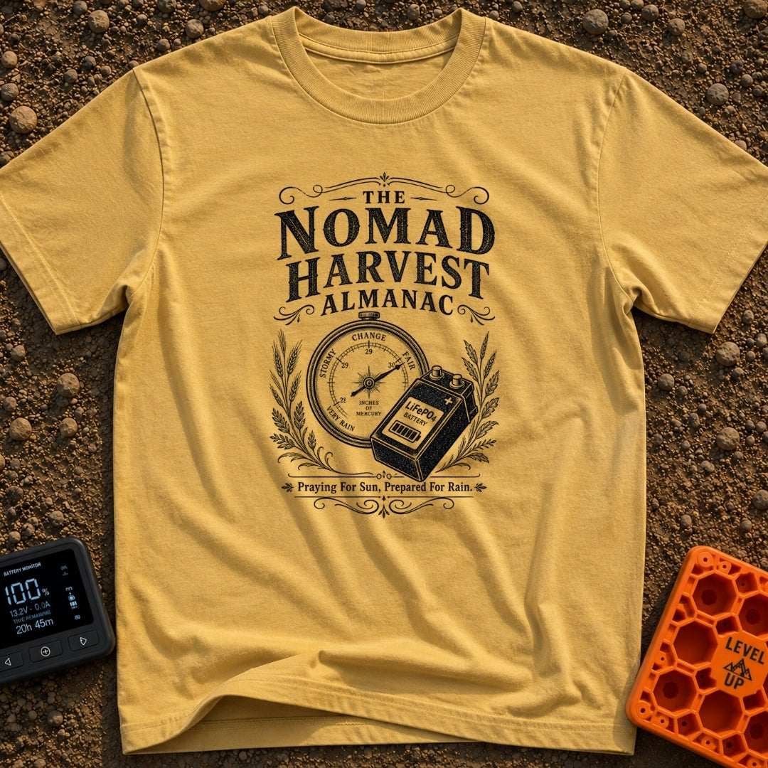 Solar Farmers Almanac - T-Shirt in Mustard - A black-and-white vintage-style illustration showing a round weather...