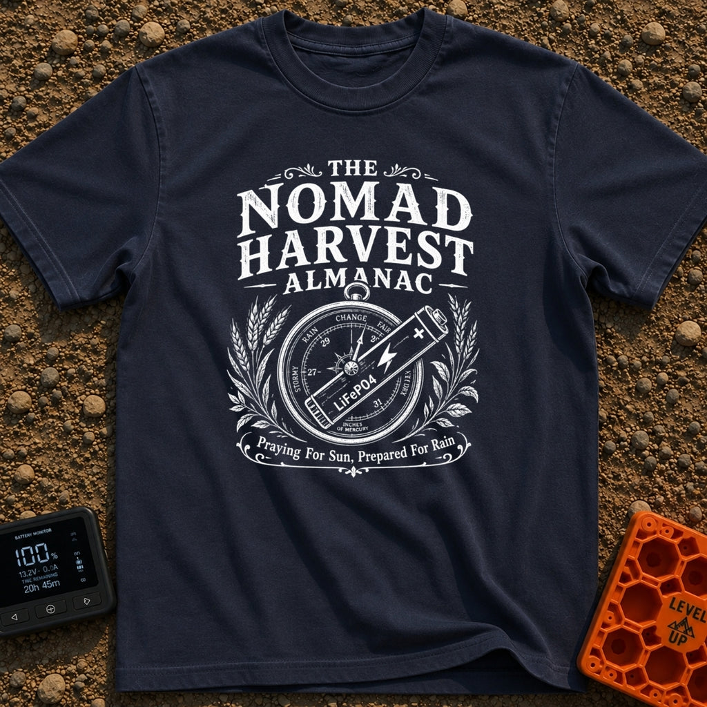 Solar Farmers Almanac - T-Shirt in Navy - A black-and-white vintage-style illustration showing a round weather barometer...