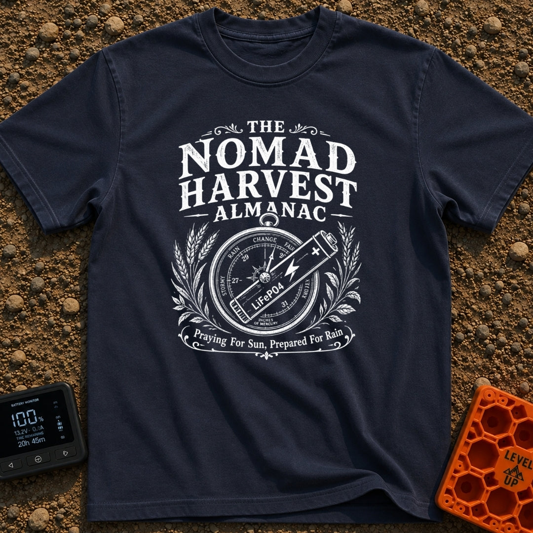Solar Farmers Almanac - T-Shirt in Navy - A black-and-white vintage-style illustration showing a round weather barometer...