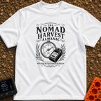 Solar Farmers Almanac - T-Shirt in White - A black-and-white vintage-style illustration showing a round weather barometer...