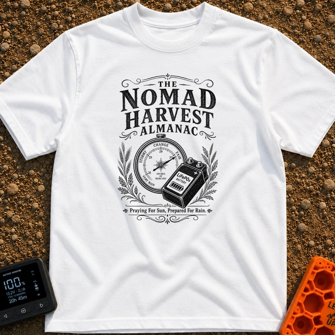 Solar Farmers Almanac - T-Shirt in White - A black-and-white vintage-style illustration showing a round weather barometer...