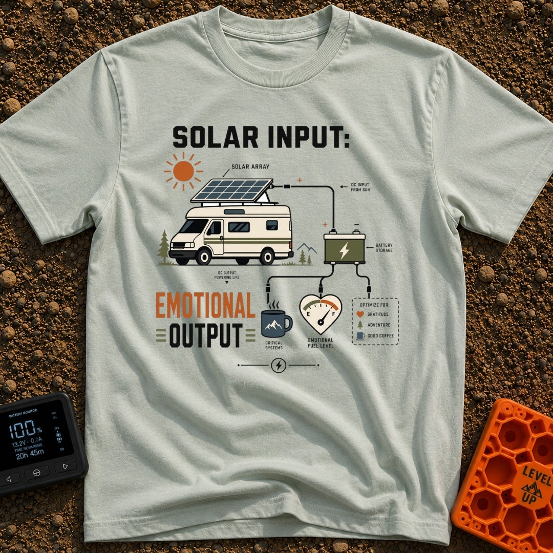 Solar Powered Feelings - T-Shirt in Bay - A schematic diagram showing a camper van with a roof-mounted solar panel...