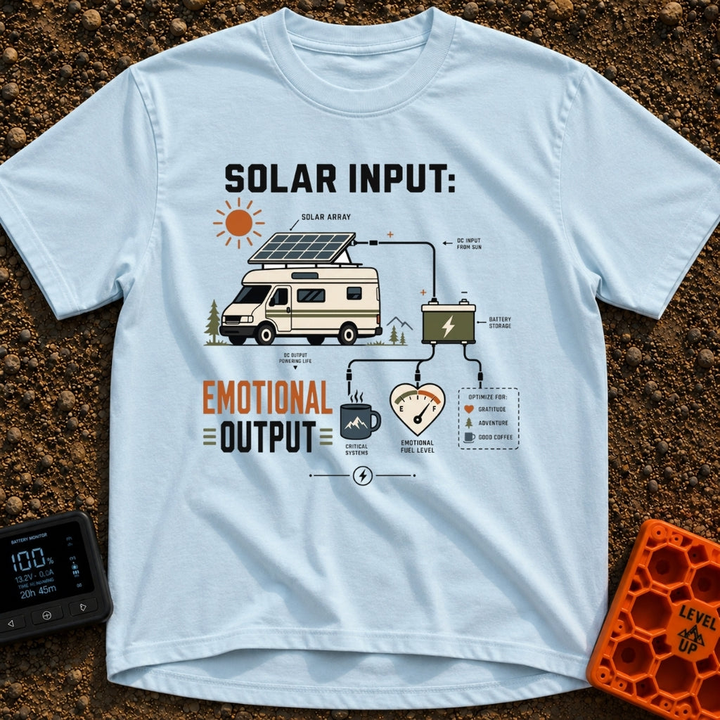 Solar Powered Feelings - T-Shirt in Chambray - A schematic diagram showing a camper van with a roof-mounted solar panel...