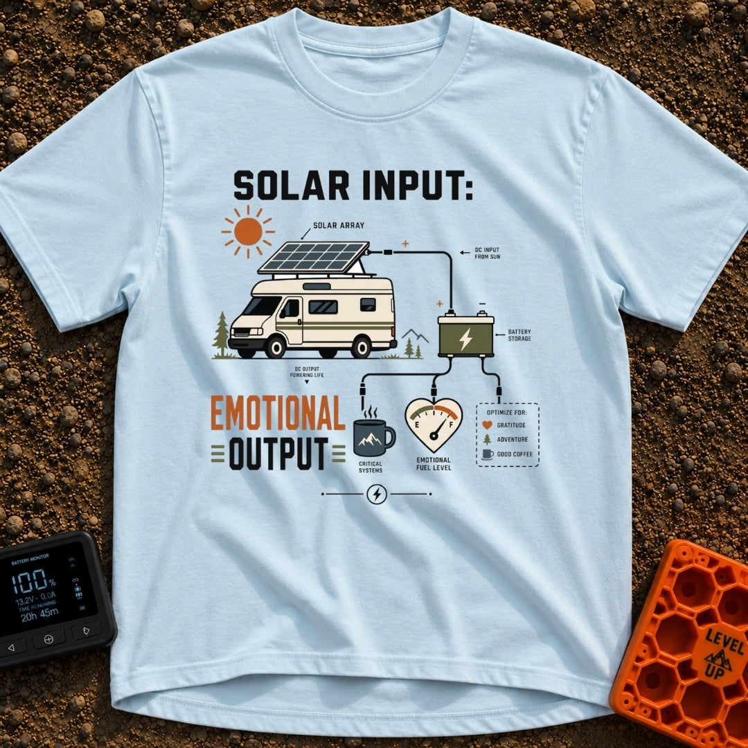 Solar Powered Feelings - T-Shirt in Chambray - A schematic diagram showing a camper van with a roof-mounted solar panel...