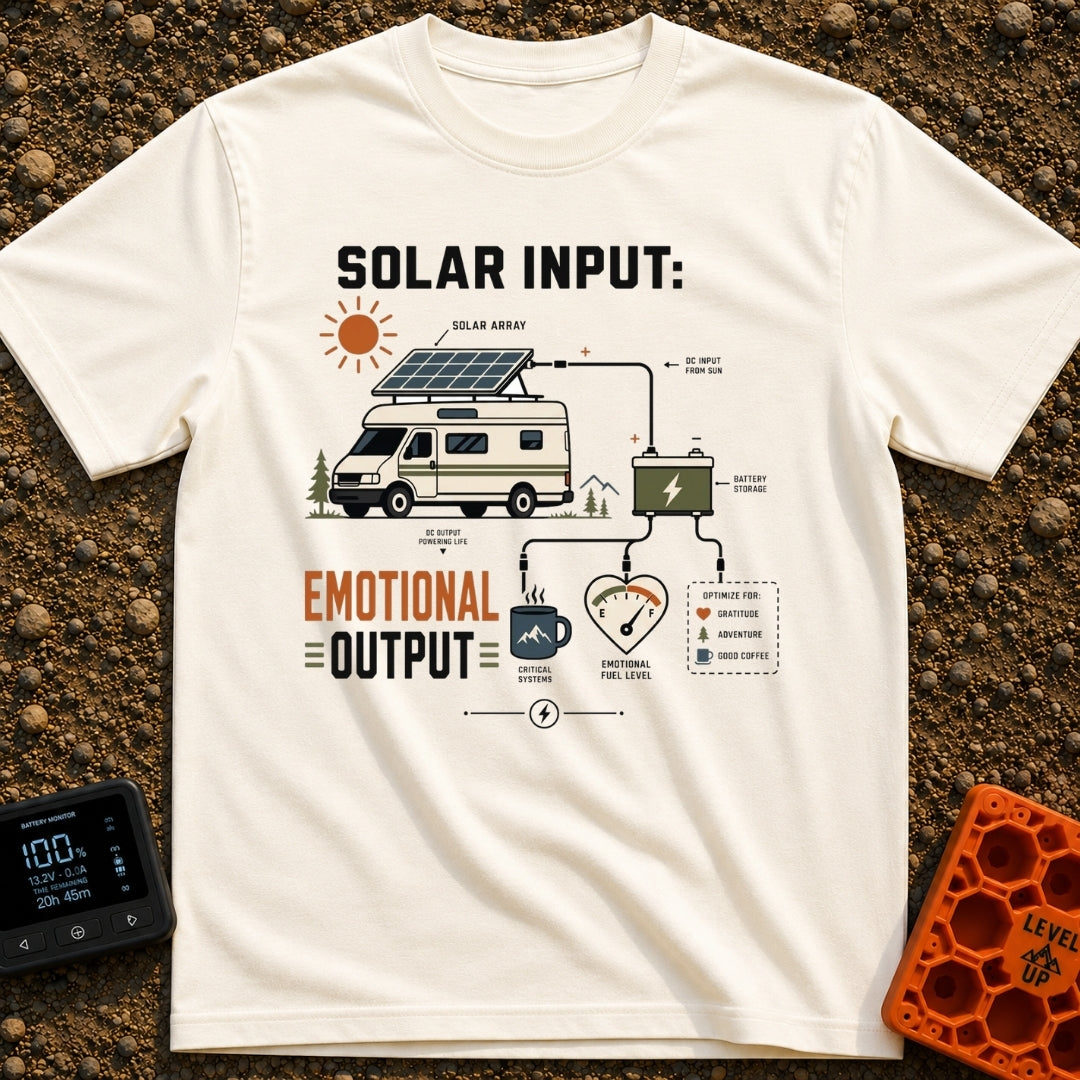 Solar Powered Feelings - T-Shirt in Ivory - A schematic diagram showing a camper van with a roof-mounted solar panel...