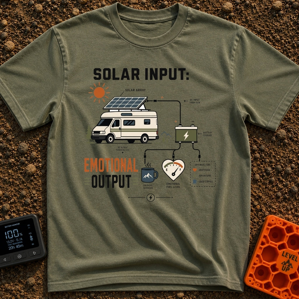 Solar Powered Feelings - T-Shirt in Moss - A schematic diagram showing a camper van with a roof-mounted solar panel...