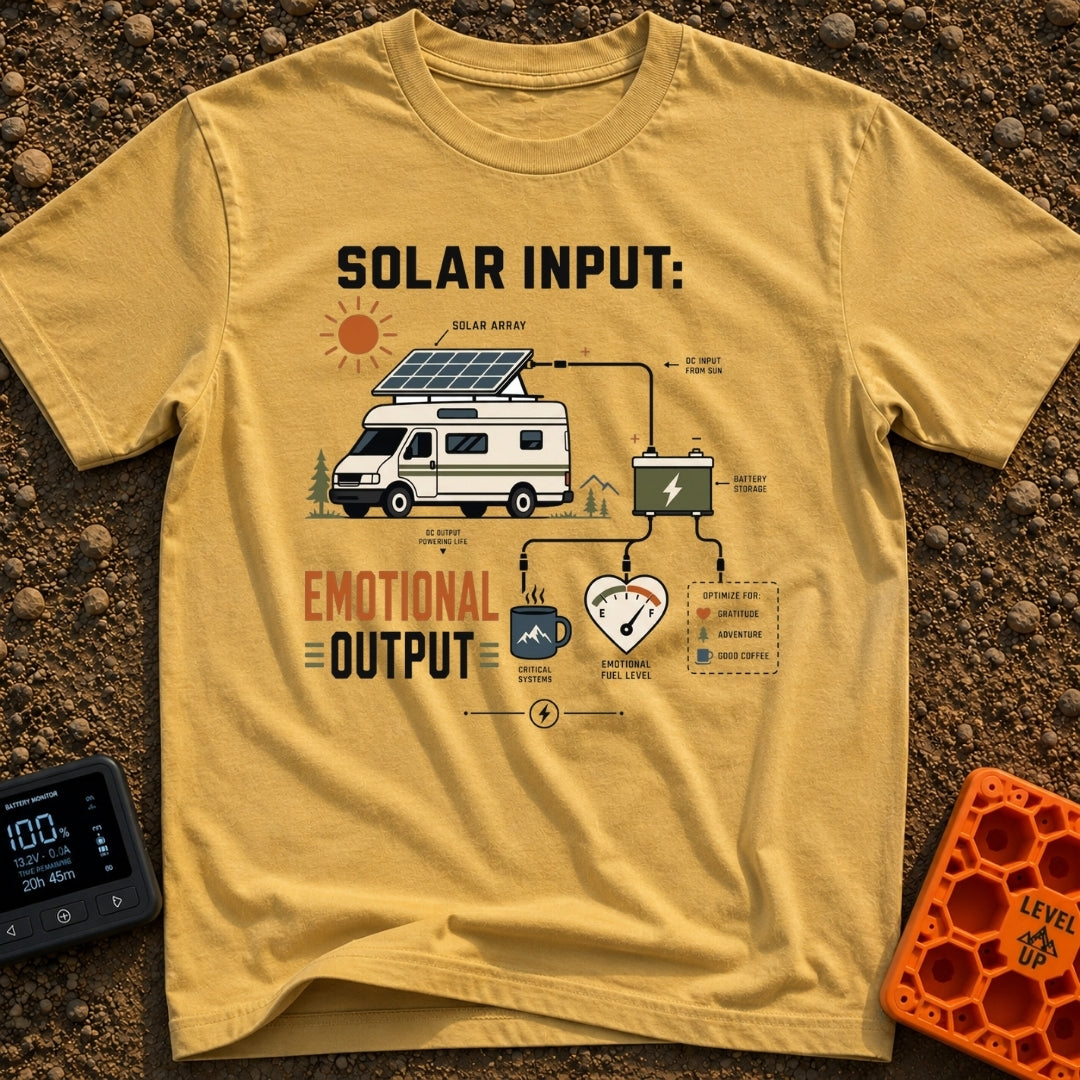 Solar Powered Feelings - T-Shirt in Mustard - A schematic diagram showing a camper van with a roof-mounted solar panel...