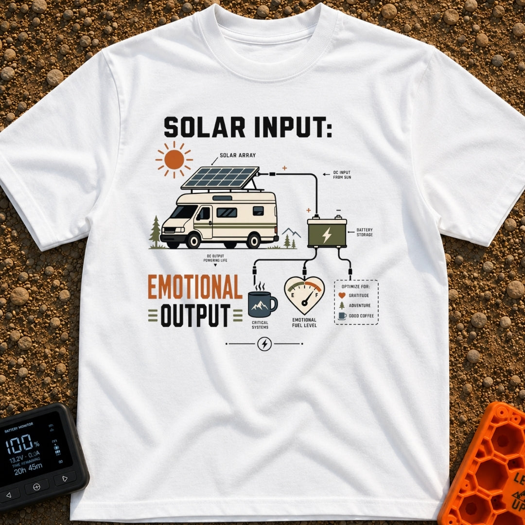 Solar Powered Feelings - T-Shirt in White - A schematic diagram showing a camper van with a roof-mounted solar panel...