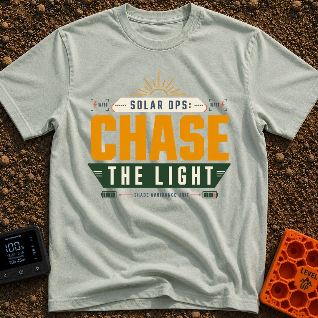 Solar Ops Light Chaser - T-Shirt in Bay - A typography-based design featuring the text "SOLAR OPS: CHASE THE LIGHT" and...