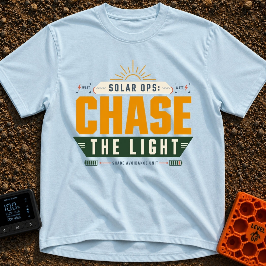 Solar Ops Light Chaser - T-Shirt in Chambray - A typography-based design featuring the text "SOLAR OPS: CHASE THE LIGHT"...