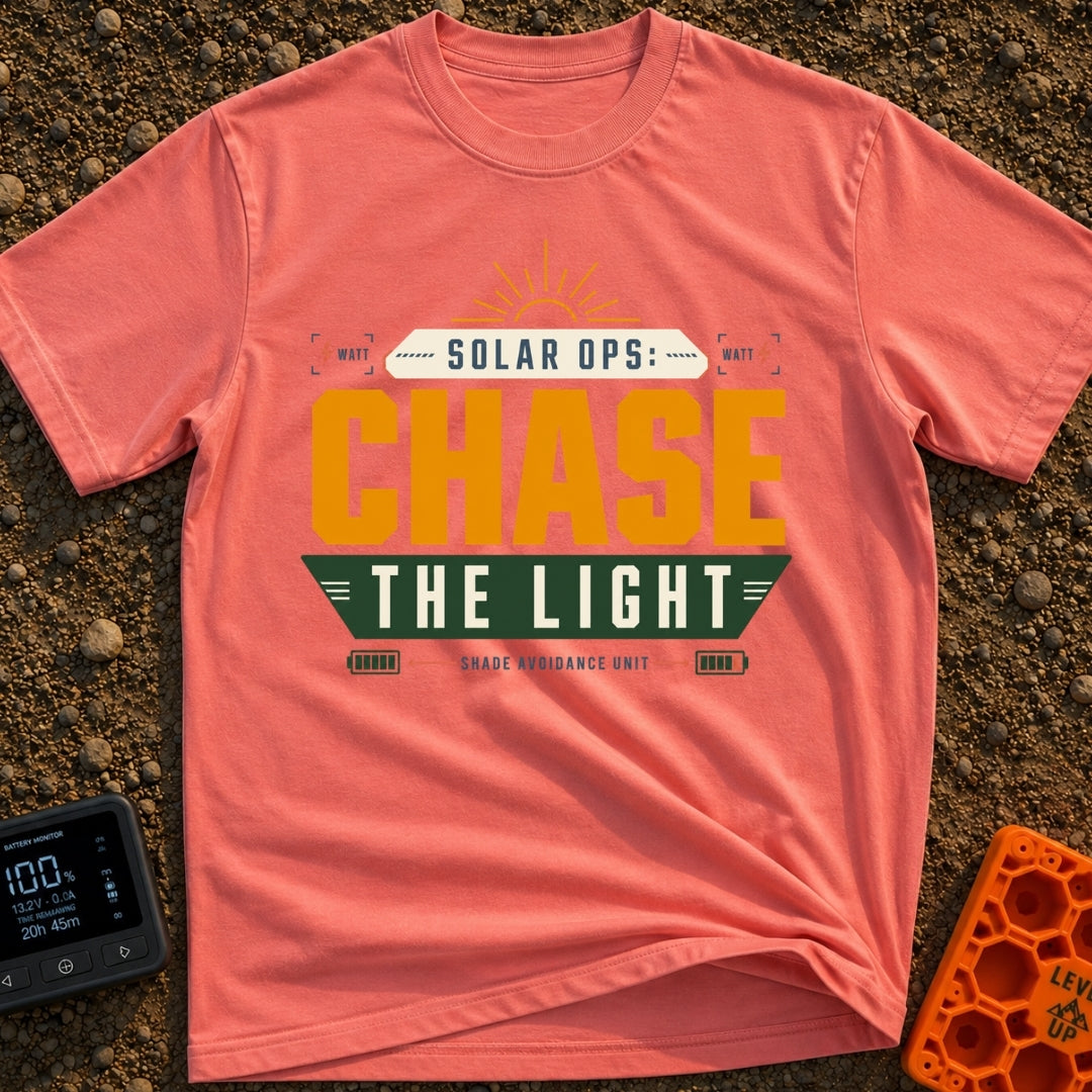 Solar Ops Light Chaser - T-Shirt in Watermelon - A typography-based design featuring the text "SOLAR OPS: CHASE THE...