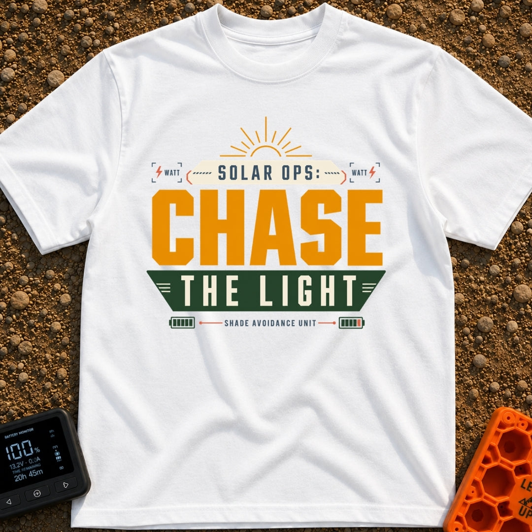 Solar Ops Light Chaser - T-Shirt in White - A typography-based design featuring the text "SOLAR OPS: CHASE THE LIGHT" and...