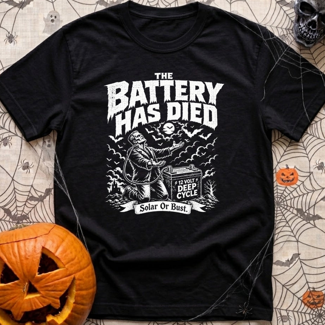 Solar Power Or Bust - T-Shirt in Black - A black and white distressed illustration of Frankenstein's monster with arms...