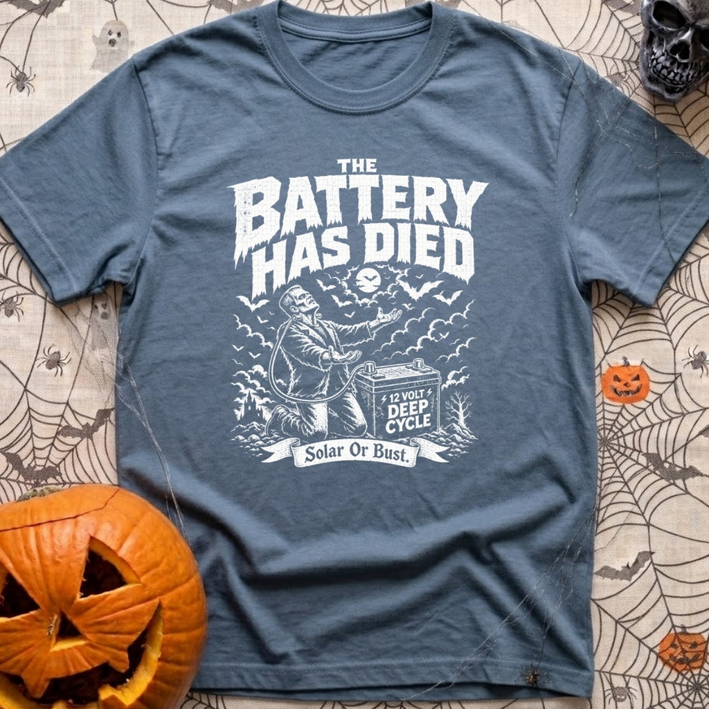 Solar Power Or Bust - T-Shirt in Blue Jean - A black and white distressed illustration of Frankenstein's monster with...