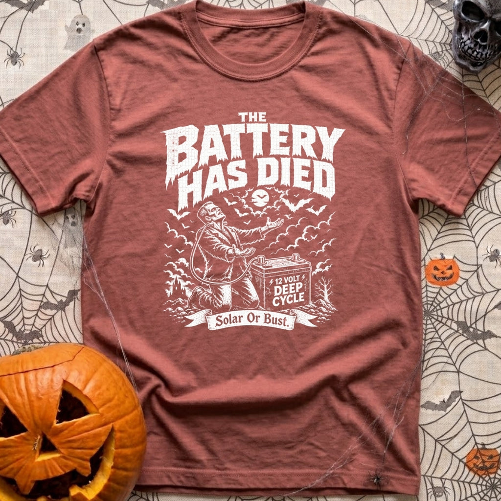 Solar Power Or Bust - T-Shirt in Brick - A black and white distressed illustration of Frankenstein's monster with arms...
