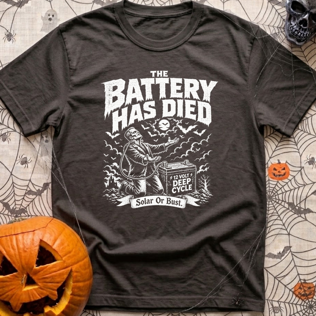 Solar Power Or Bust - T-Shirt in Graphite - A black and white distressed illustration of Frankenstein's monster with arms...