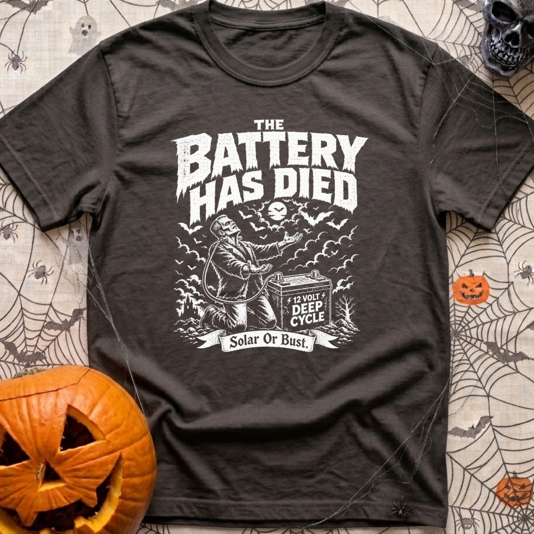 Solar Power Or Bust - T-Shirt in Graphite - A black and white distressed illustration of Frankenstein's monster with arms...
