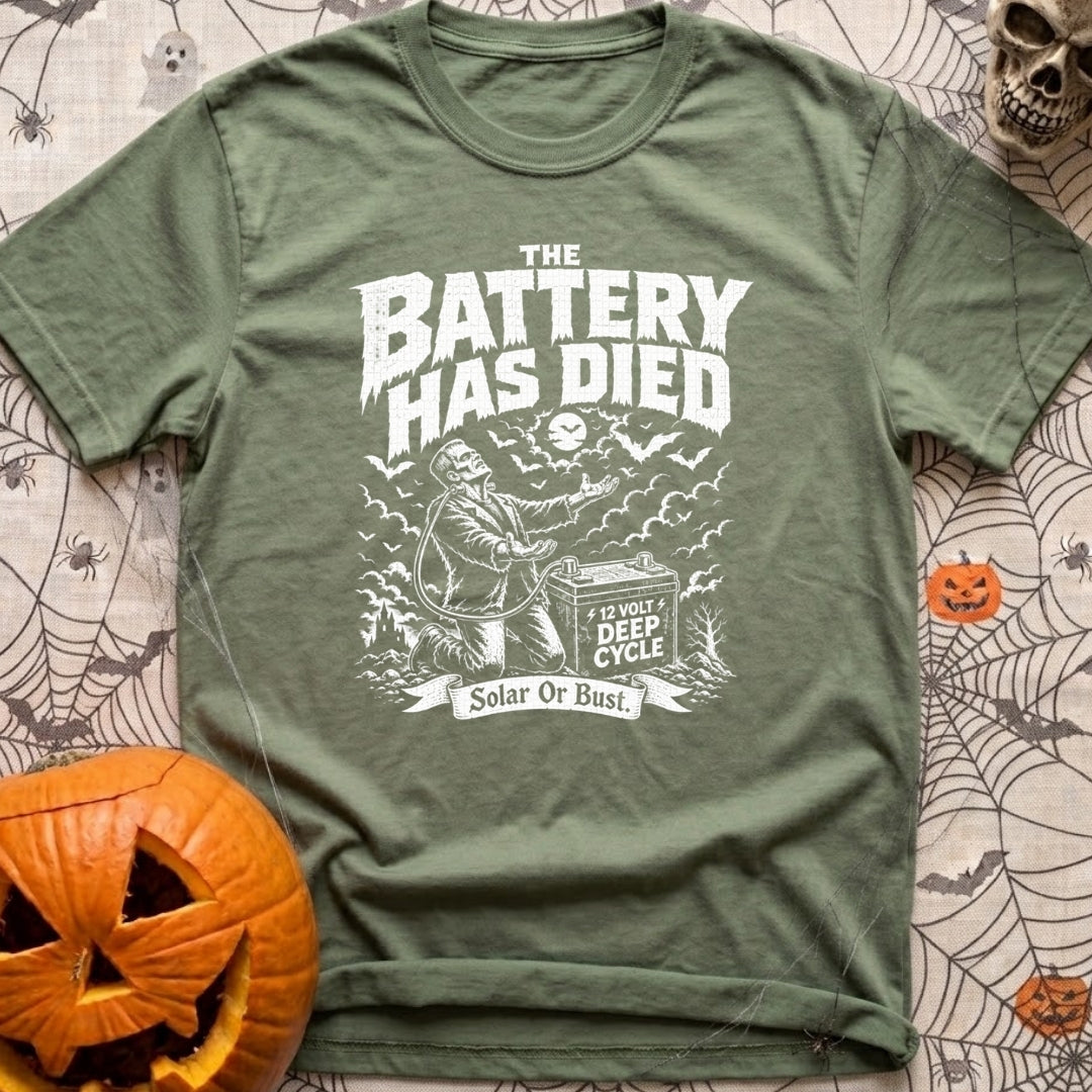 Solar Power Or Bust - T-Shirt in Moss - A black and white distressed illustration of Frankenstein's monster with arms...