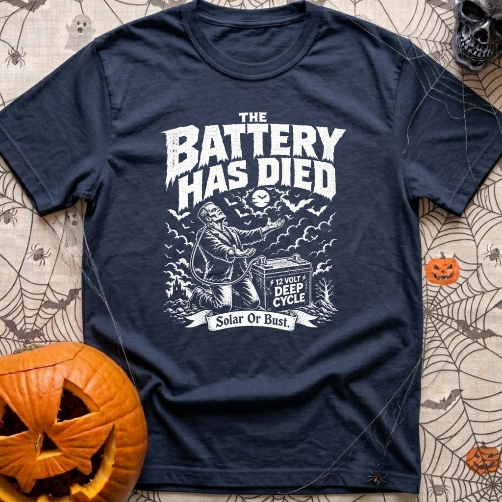 Solar Power Or Bust - T-Shirt in Navy - A black and white distressed illustration of Frankenstein's monster with arms...
