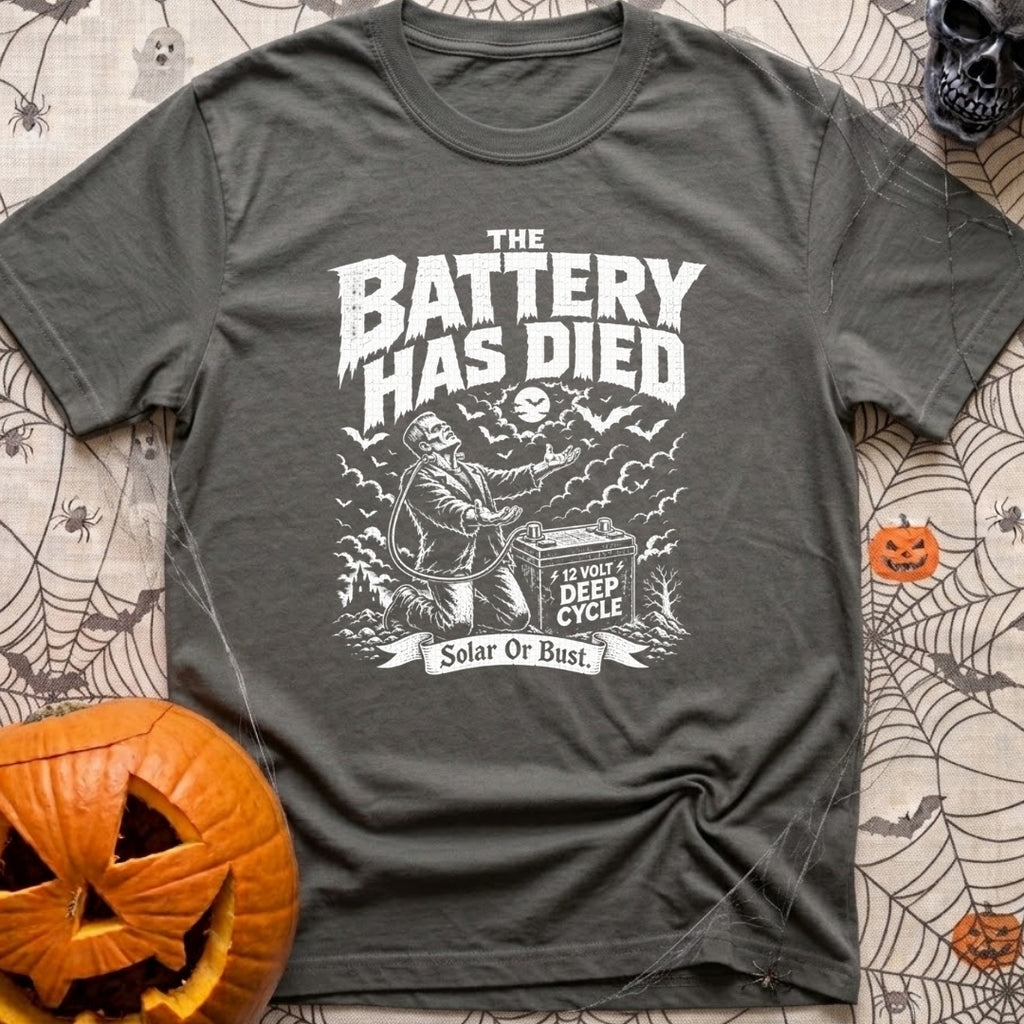 Solar Power Or Bust - T-Shirt in Pepper - A black and white distressed illustration of Frankenstein's monster with arms...
