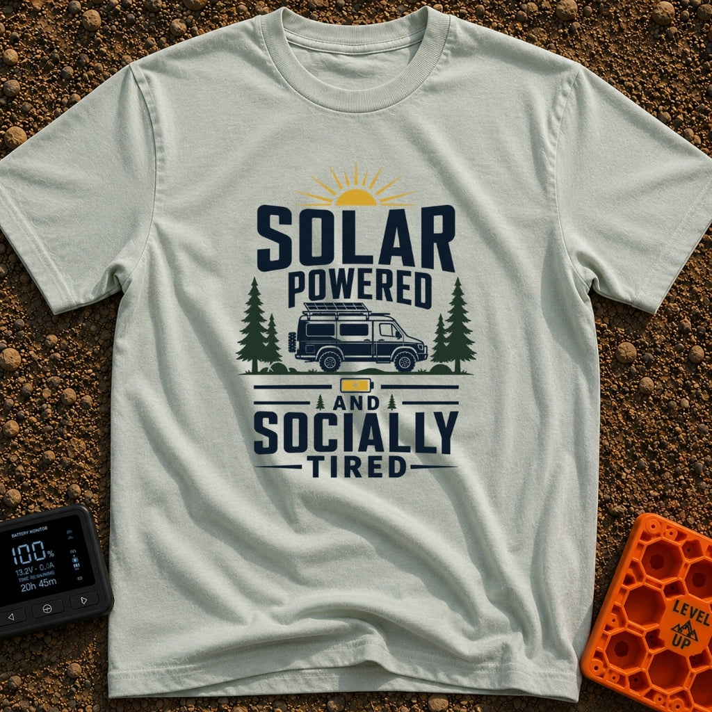 Solar Powered Socially Tired - T-Shirt in Bay - A graphic featuring the text "SOLAR POWERED AND SOCIALLY TIRED"...