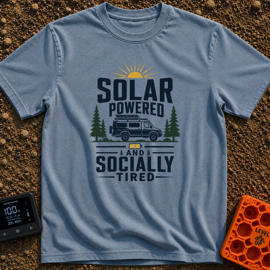 Solar Powered Socially Tired - T-Shirt in Blue Jean - A graphic featuring the text "SOLAR POWERED AND SOCIALLY TIRED"...