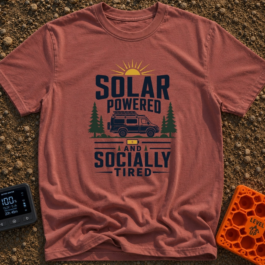 Solar Powered Socially Tired - T-Shirt in Brick - A graphic featuring the text "SOLAR POWERED AND SOCIALLY TIRED"...