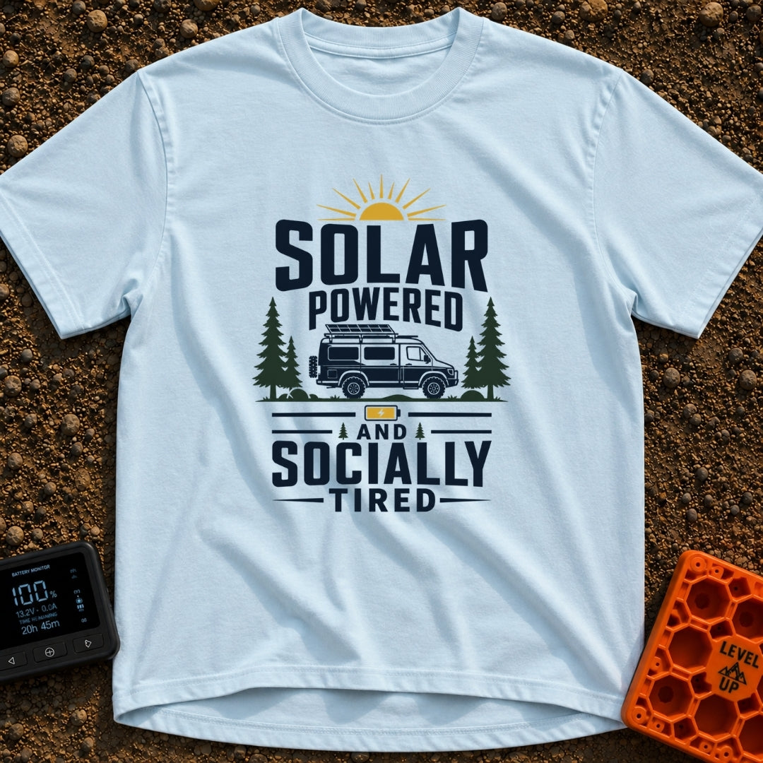 Solar Powered Socially Tired - T-Shirt in Chambray - A graphic featuring the text "SOLAR POWERED AND SOCIALLY TIRED"...