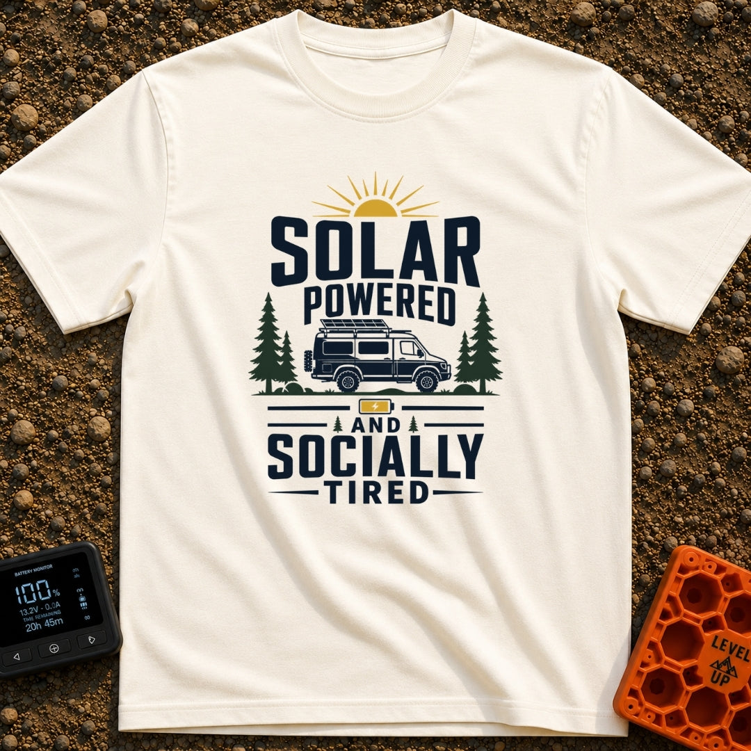 Solar Powered Socially Tired - T-Shirt in Ivory - A graphic featuring the text "SOLAR POWERED AND SOCIALLY TIRED"...