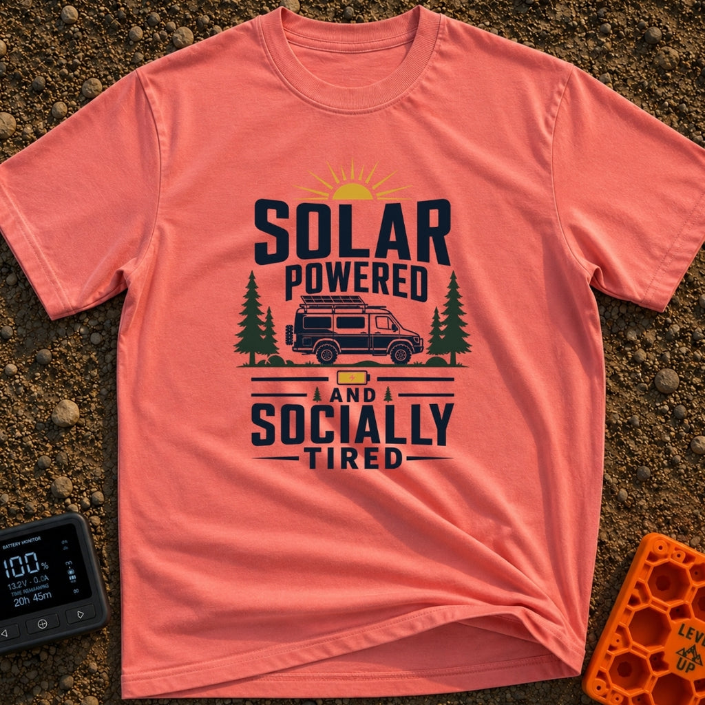 Solar Powered Socially Tired - T-Shirt in Watermelon - A graphic featuring the text "SOLAR POWERED AND SOCIALLY TIRED"...