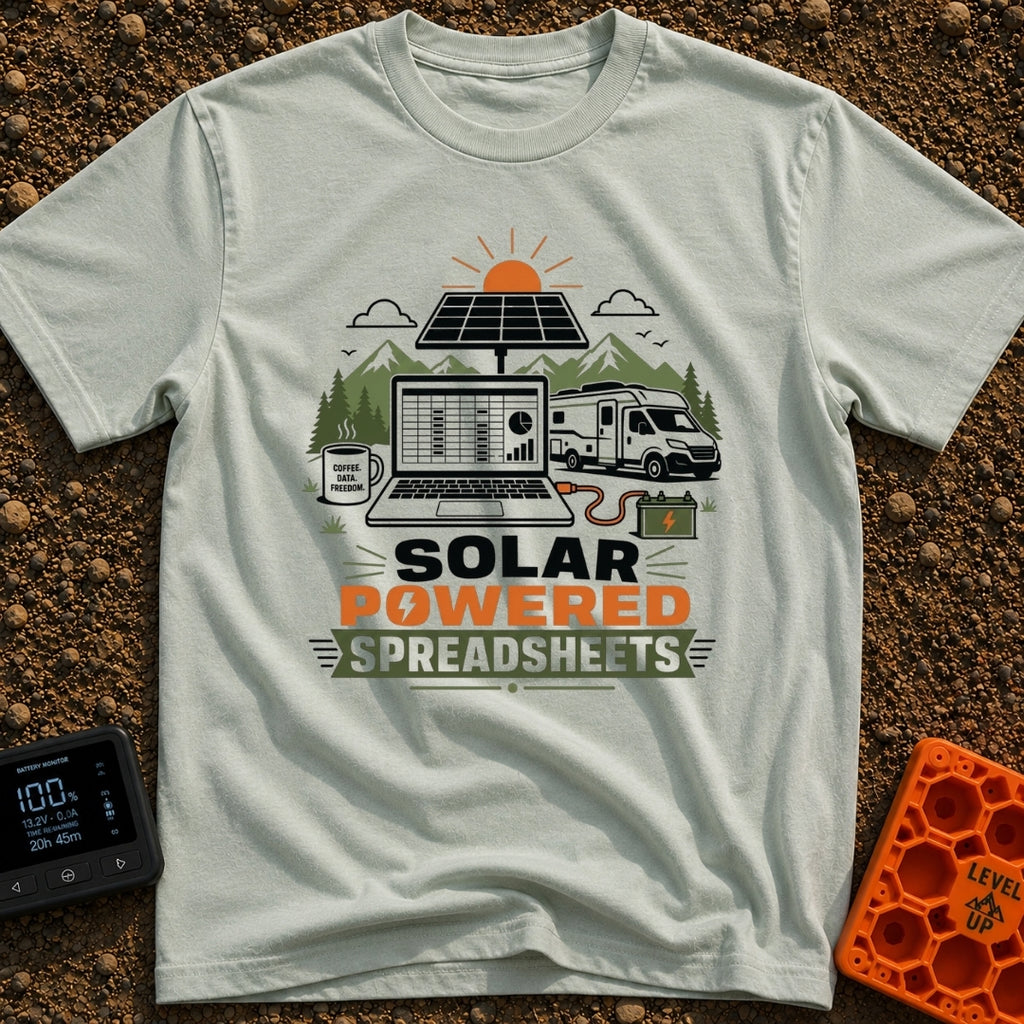 Solar Powered Spreadsheets - T-Shirt in Bay - An illustration of an open laptop displaying a spreadsheet, plugged into a...