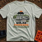 Solar Powered Spreadsheets - T-Shirt in Bay - An illustration of an open laptop displaying a spreadsheet, plugged into a...
