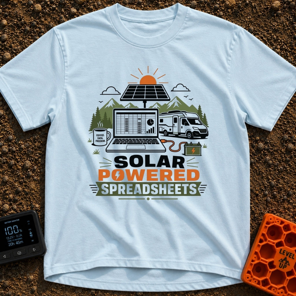 Solar Powered Spreadsheets - T-Shirt in Chambray - An illustration of an open laptop displaying a spreadsheet, plugged...