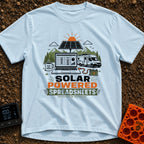 Solar Powered Spreadsheets - T-Shirt in Chambray - An illustration of an open laptop displaying a spreadsheet, plugged...