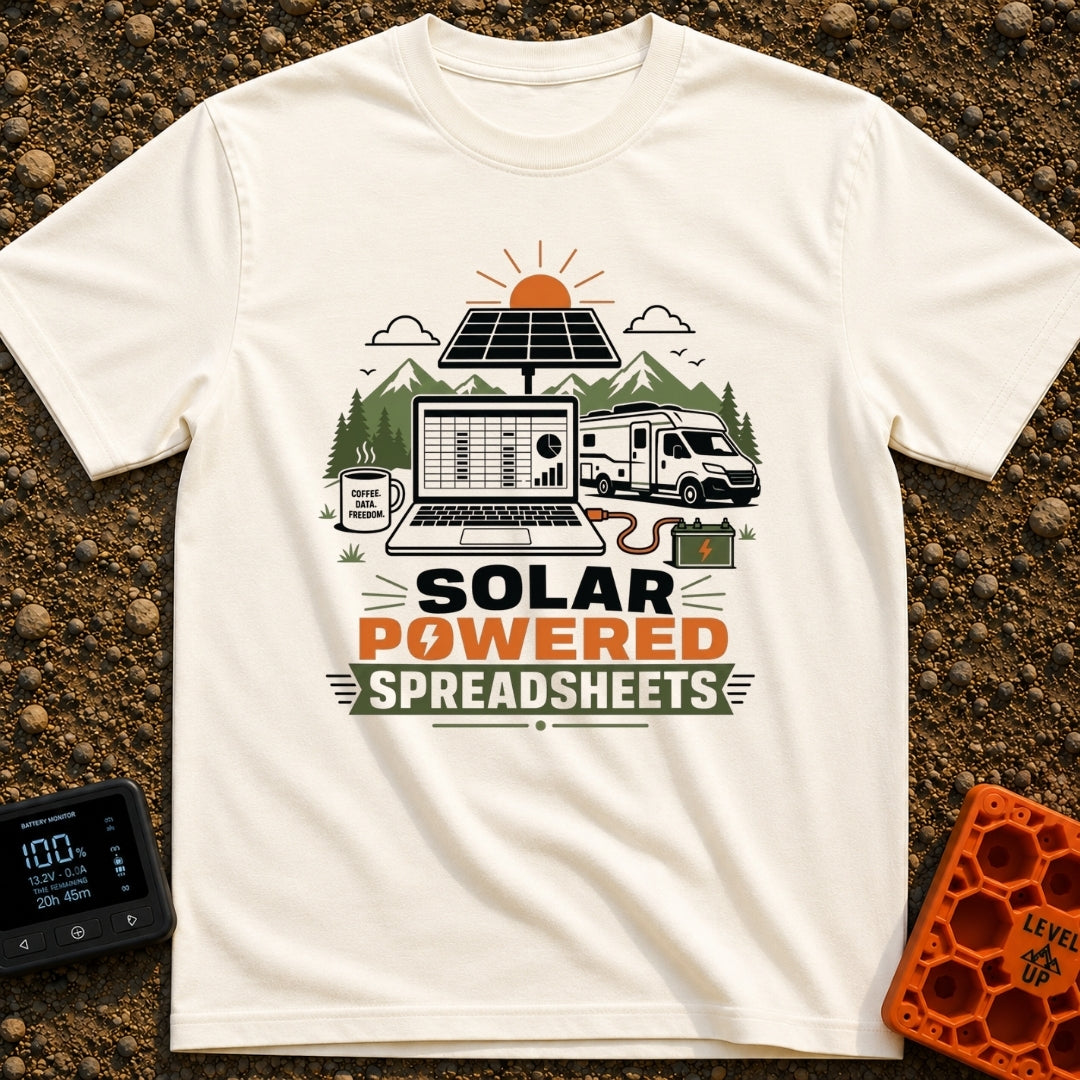 Solar Powered Spreadsheets - T-Shirt in Ivory - An illustration of an open laptop displaying a spreadsheet, plugged into...