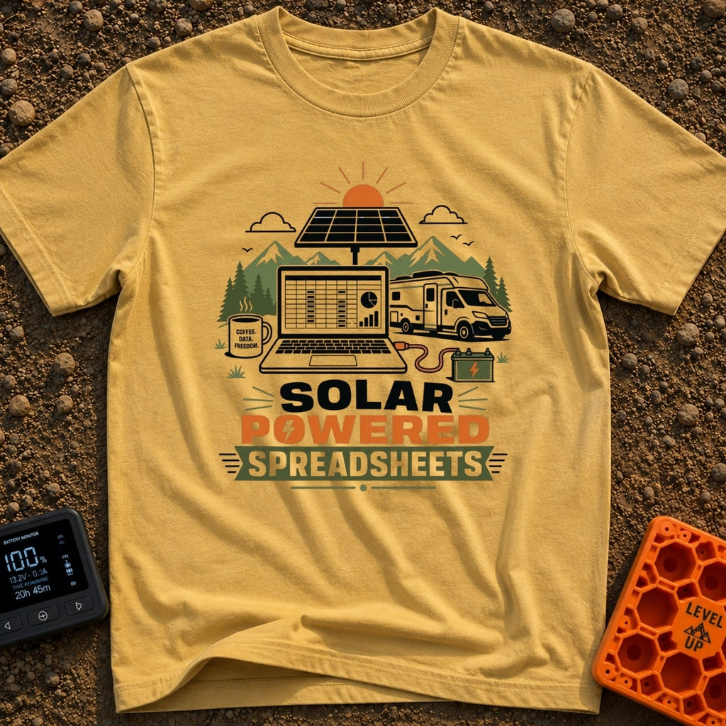 Solar Powered Spreadsheets - T-Shirt in Mustard - An illustration of an open laptop displaying a spreadsheet, plugged...