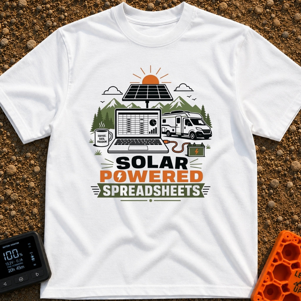 Solar Powered Spreadsheets - T-Shirt in White - An illustration of an open laptop displaying a spreadsheet, plugged into...