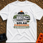 Solar Powered Spreadsheets - T-Shirt in White - An illustration of an open laptop displaying a spreadsheet, plugged into...
