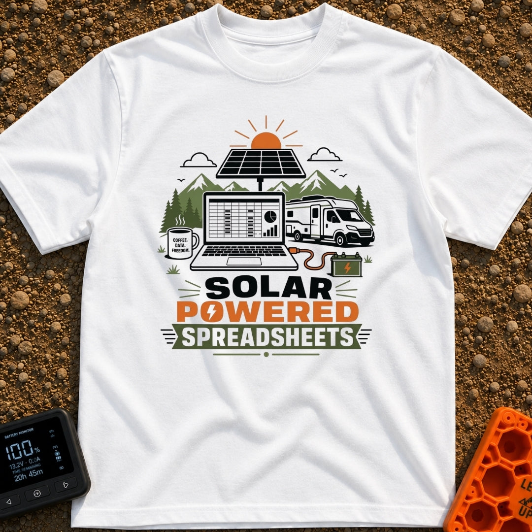 Solar Powered Spreadsheets - T-Shirt in White - An illustration of an open laptop displaying a spreadsheet, plugged into...