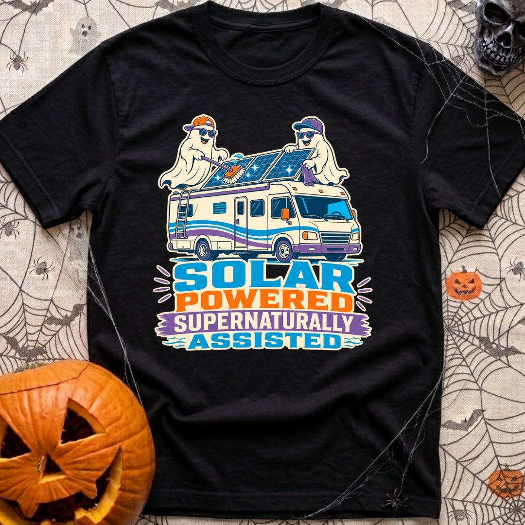 Supernaturally Solar Powered - T-Shirt in Black - A cartoon illustration of two ghosts wearing sunglasses and baseball...