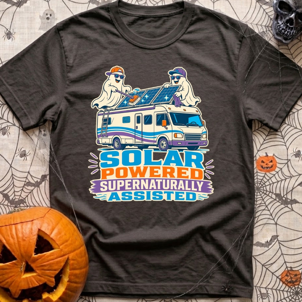 Supernaturally Solar Powered - T-Shirt in Graphite - A cartoon illustration of two ghosts wearing sunglasses and baseball...